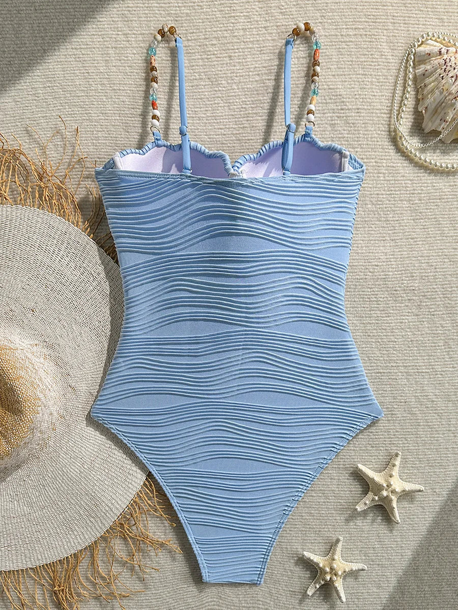 Shell Underwired Wrinkled Beads One Piece Swimsuit Women Swimwear Female High Leg Cut Monokini Bather Bathing Suit Swim Bodysuit