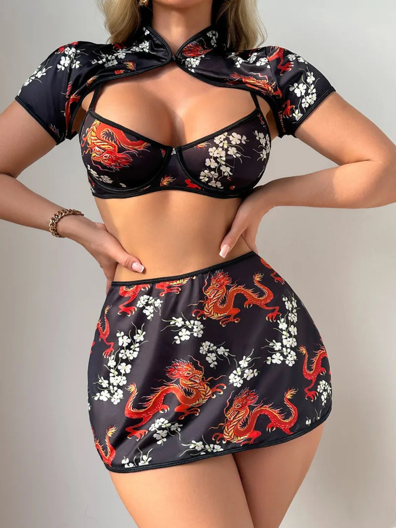 Women's New Sexy Uniform Sexy Hot Series Ethnic Style Pattern Skirt Sets Pure Desire Casaul Short Sleeved Skirt Sets Charm 24PB