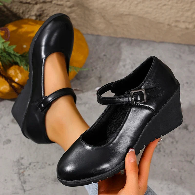 2026 New Ankle Buckle Wedges Heel Pumps Women Black Pu Leather High Heels Mary Jane Shoes Woman Plus Size 42 Office Pumps Ladies