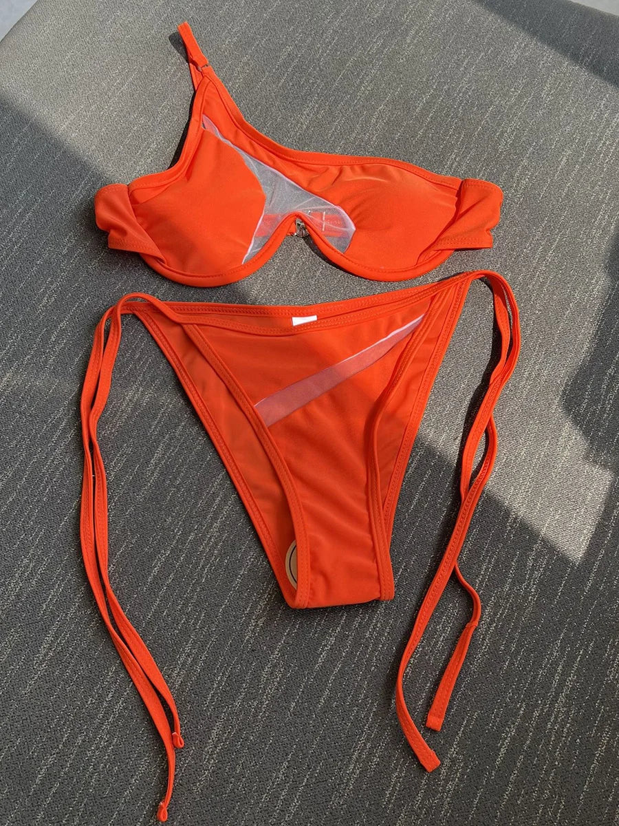 One Shoulder Mesh Bikinis Underwired V-Bar Bikini Women Swimwear Female Swimsuit Two-pieces Bikini Set Push Up Bathing Suit Swim