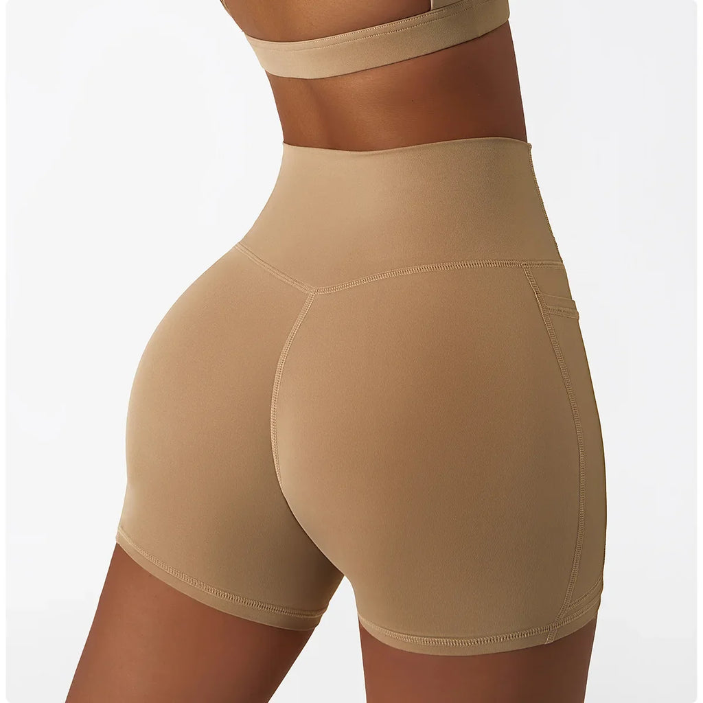Comfortable Skin Friendly Summer High Waist Yoga Shorts Gym Hip Lift Pants Pocket Breathable Running Cycling Sports Shorts Women