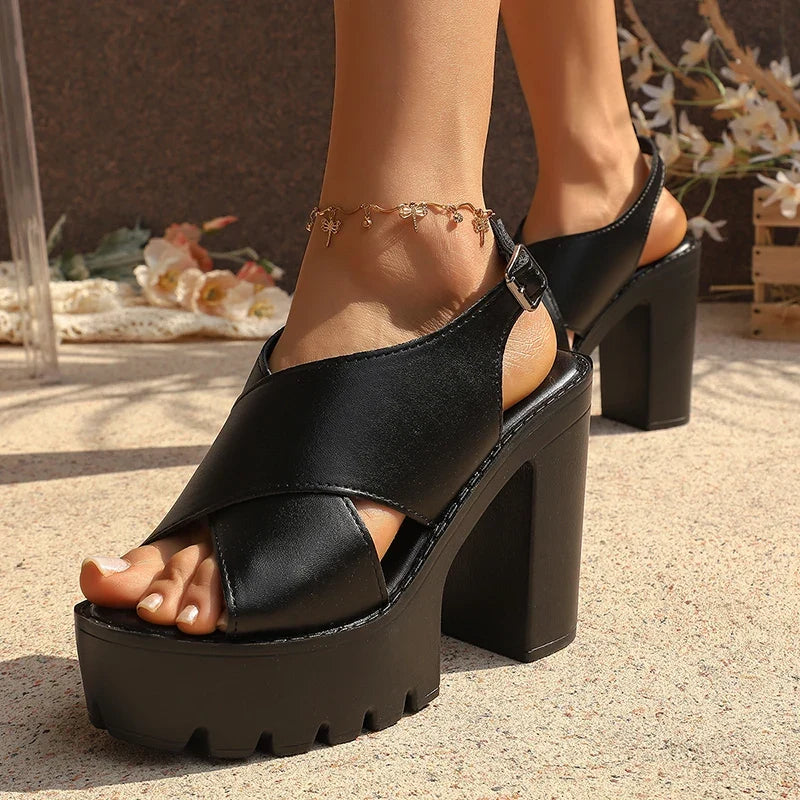 Black Peep Toe Thick High Heel Sandals Women Fashion Back Strap Chunky Platfrom Sandles Woman Plus Size Cross Strap Rome Sandals