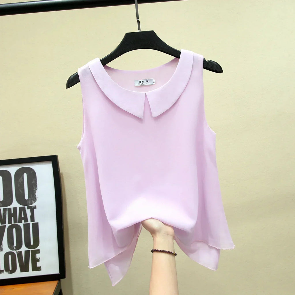 MOYISU New Arrival Summer Plus Size Outside Wear Large Size Doll Collar Loose Sleeveless Chiffon Vest Top Woman