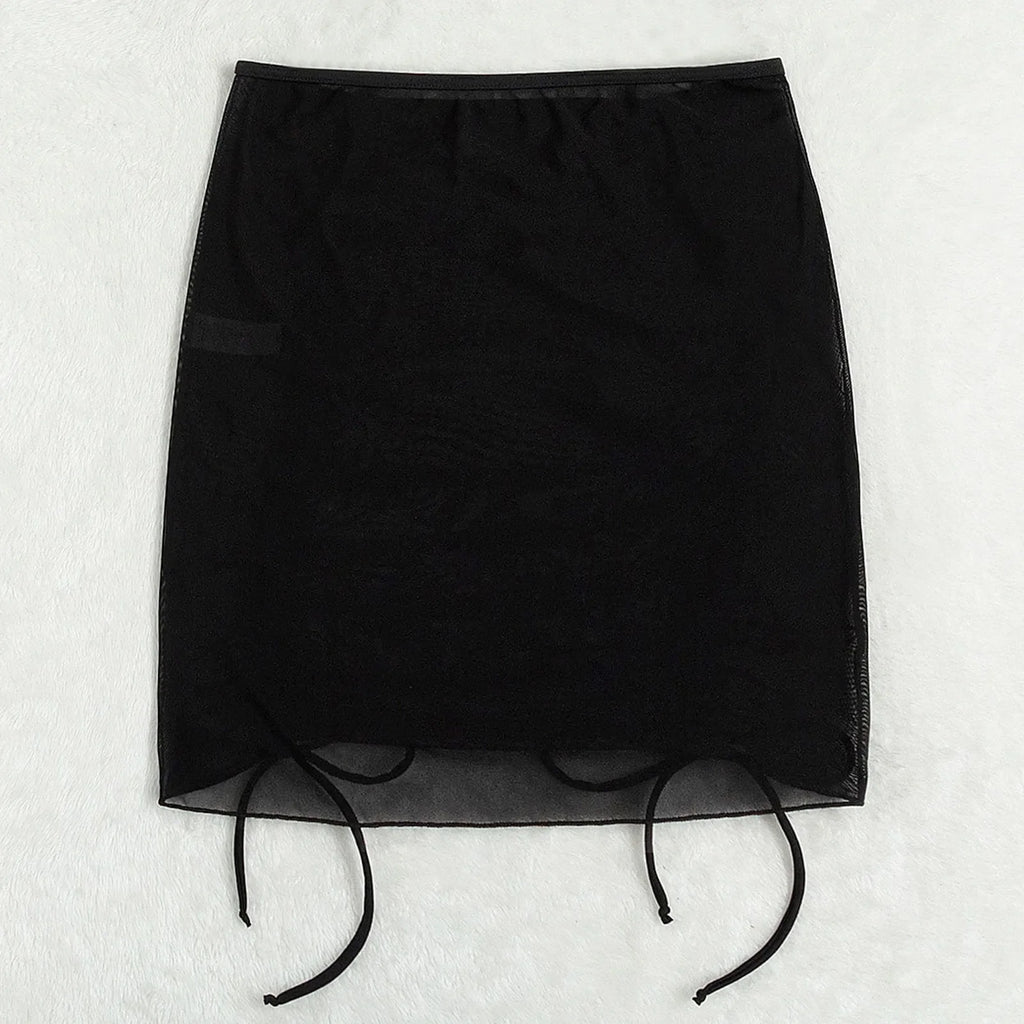 Mesh Sheer Beach Cover Up Skirt Women Ruffle Ruched Swim Skirt With Drawstring Bathing Suit Bikini Beach Dress Sarong Beachwear