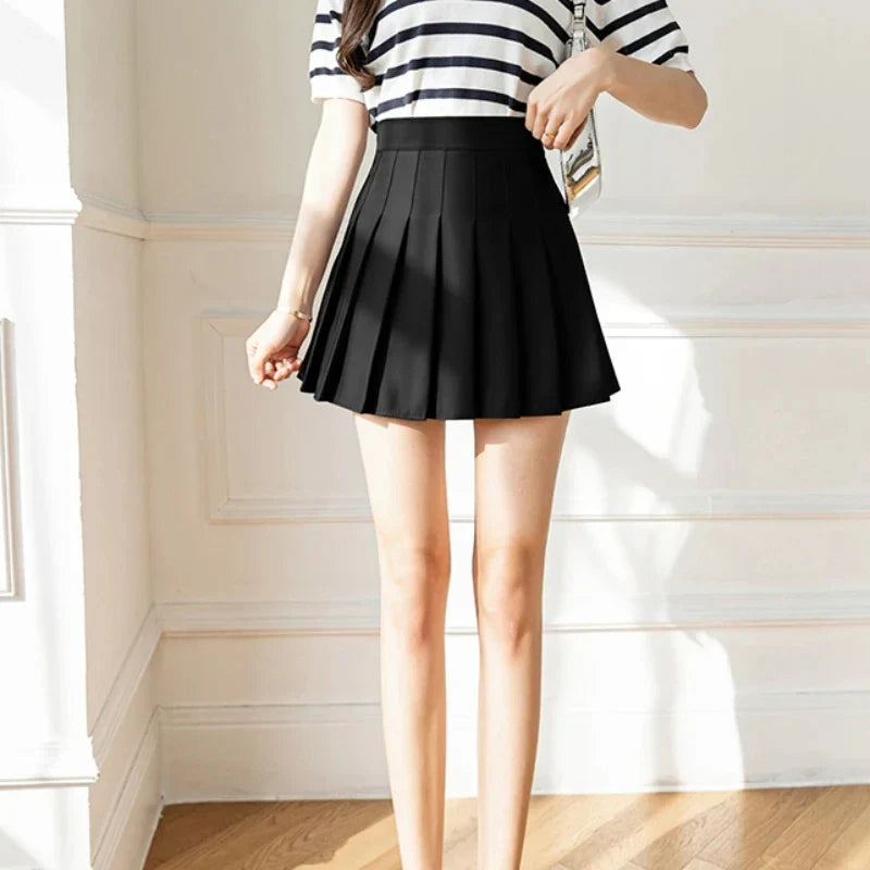 Women High Waist Pleated Skirt with Safety Shorts, Black A Line Mini Skort for Casual Office School Style Outfits