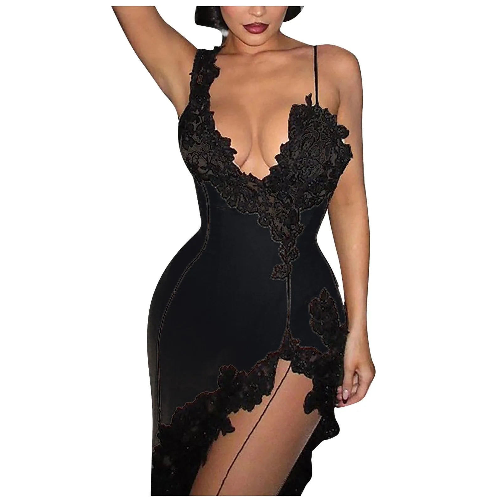 Womens Sexy Deep V Suspender Dress Lace Patchwork Slim Open Back Casual Dresses Summer High Waist Side Slit Midi Bodycon Dress