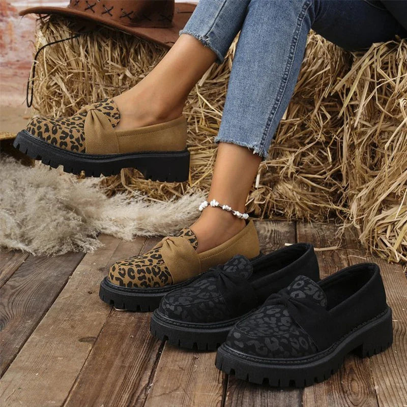 Leopard Faux Suede Loafers Shoes for Women Plus Size Platform Shoes Woman Bowknot Decoration Slip On Casual Shoes Mujer