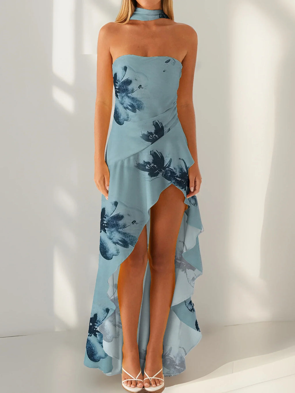 Women Summer Casual Tube Dress Fashion Solid Color/Floral Print High Low Ruffles Long Dresses with Scarf