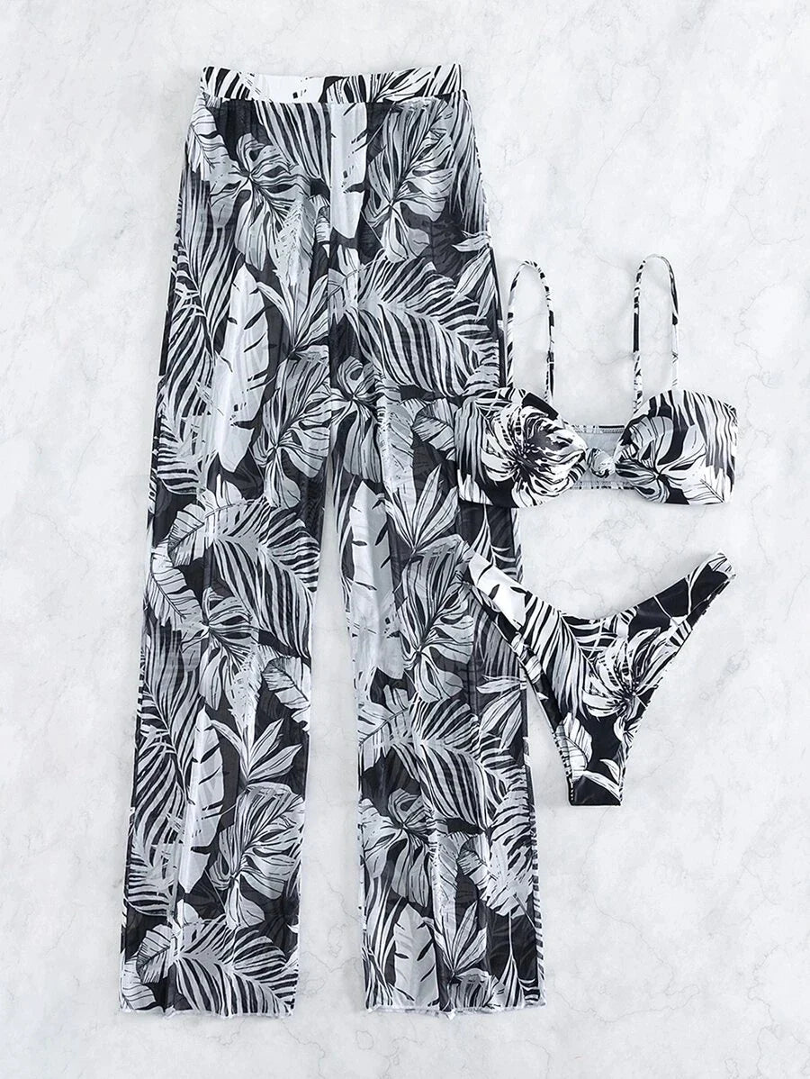 3 Pieces Strappy Bikini 2026 Women Printed Swimsuit Sexy Swimwear Female With Beach Pants Bathers Bathing Swimming Swim Suit