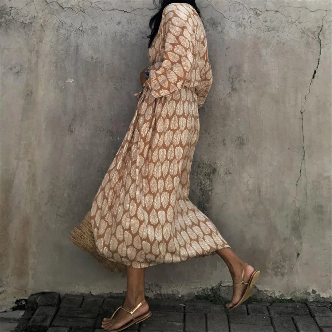 7 Colors Leaves Printed With Belt Half Sleeve Tunic Beach Cover Up Cover-ups Beach Dress Beach Wear Beachwear Female Women V4511