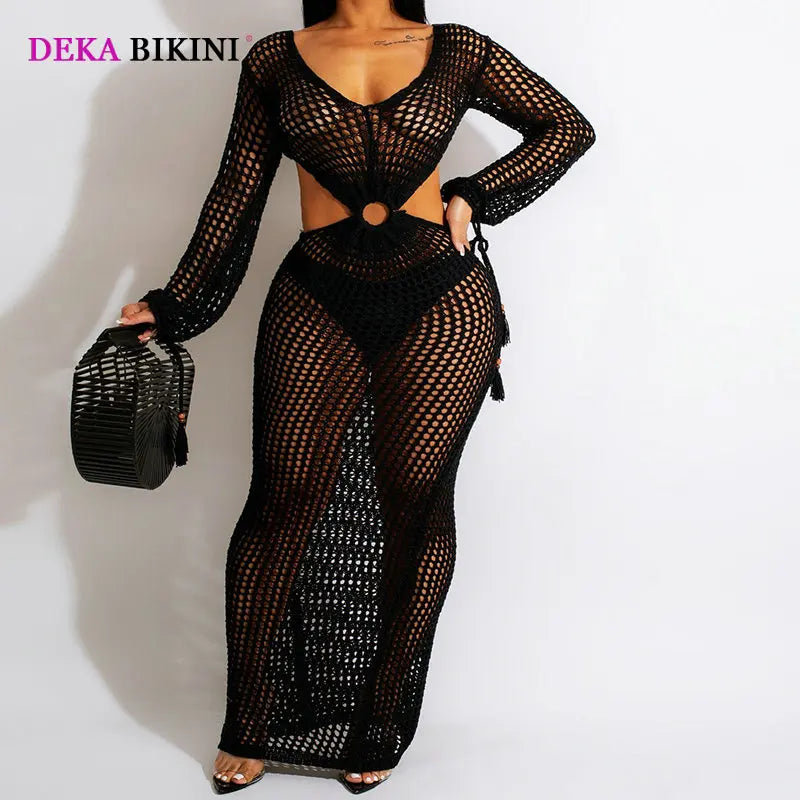 DEKA Women Knitted Backless Cover Up Swimsuit Long-sleeved Crochet Hollow Out Dress Summer Beach Vacation Outfit Beach Dress
