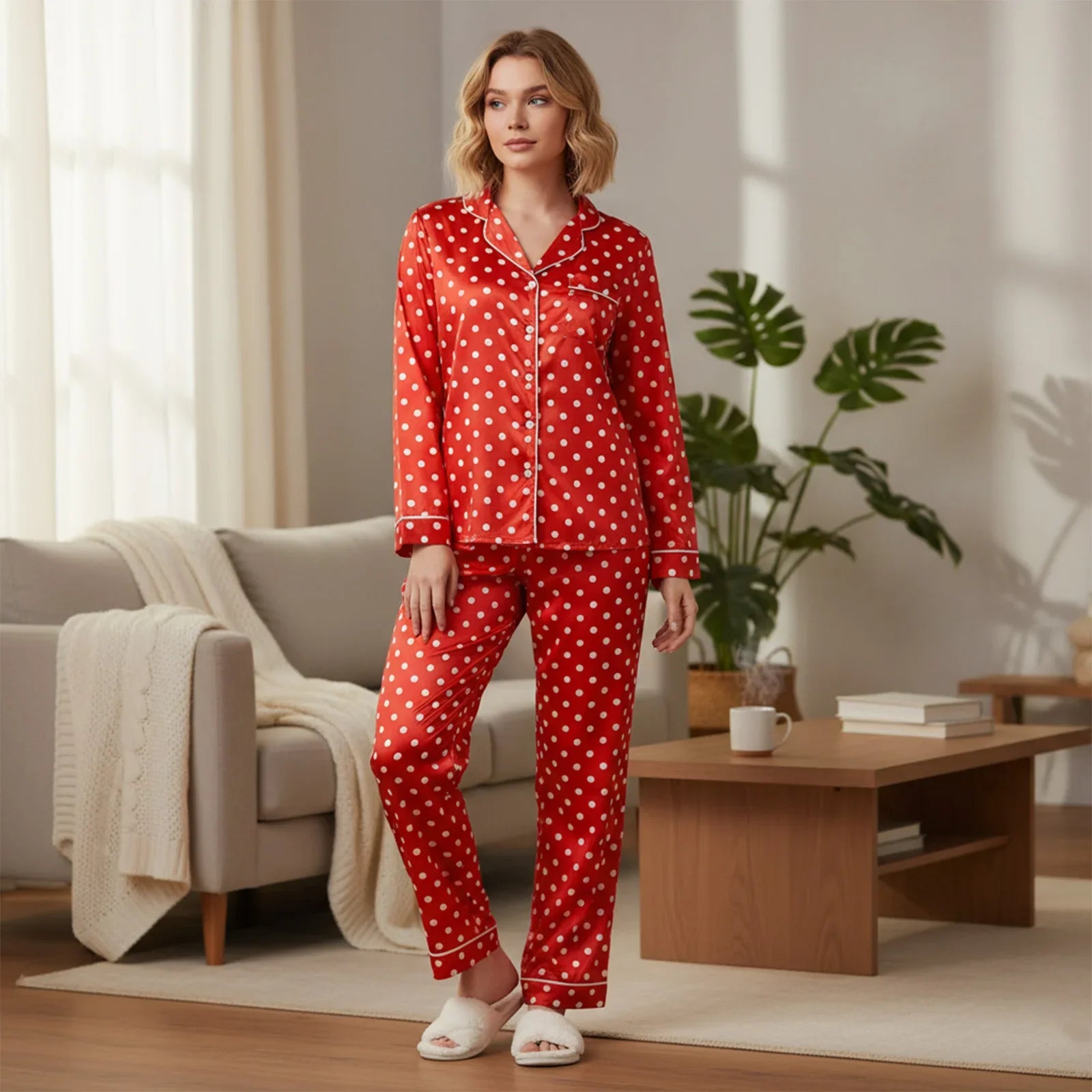 Women 2025 Two Pieces Pajamas Sets Long Sleeve Lapel Button Down Dot Tops with Drawstring Elastic Pants Fall Satin Sleepwear