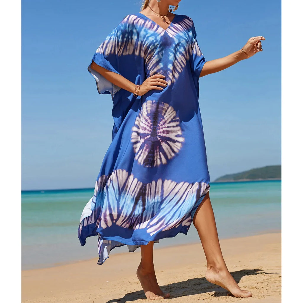 2026 New Colorful Kaftan Tunic Beach Dress Beach Wear Beachwear Beach Cover Up Cover-upsLoose Maxi Dress Female Women V4428