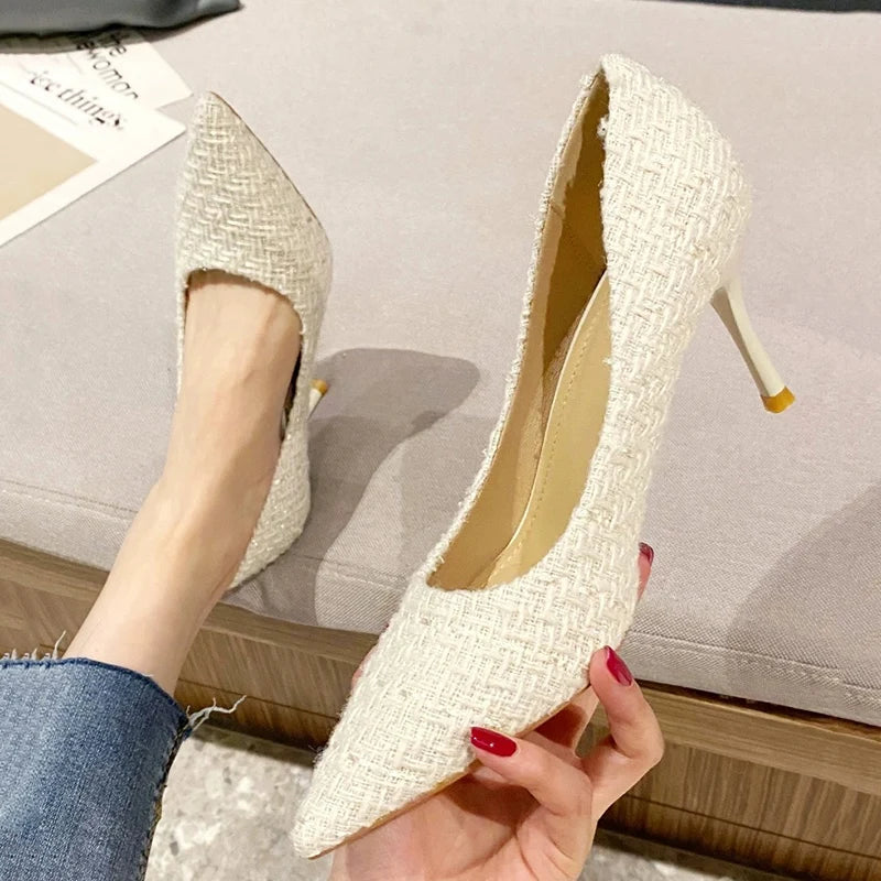 Fashion Tweed Cloth Stiletto Heel Pumps Women Elegant Pointed Toe High Heel Shoes Woman Brand Thin Heeled Party Dress Shoes
