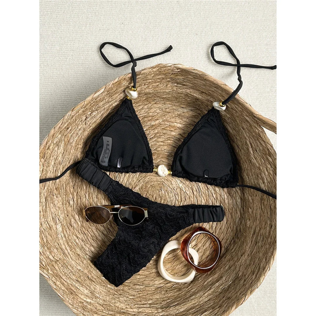 2026 Wrinkled Crinkled Halter Bikini Women Swimwear Female Swimsuit Padded Bather Bathing Suit Swim Two-pieces Bikini set K8135