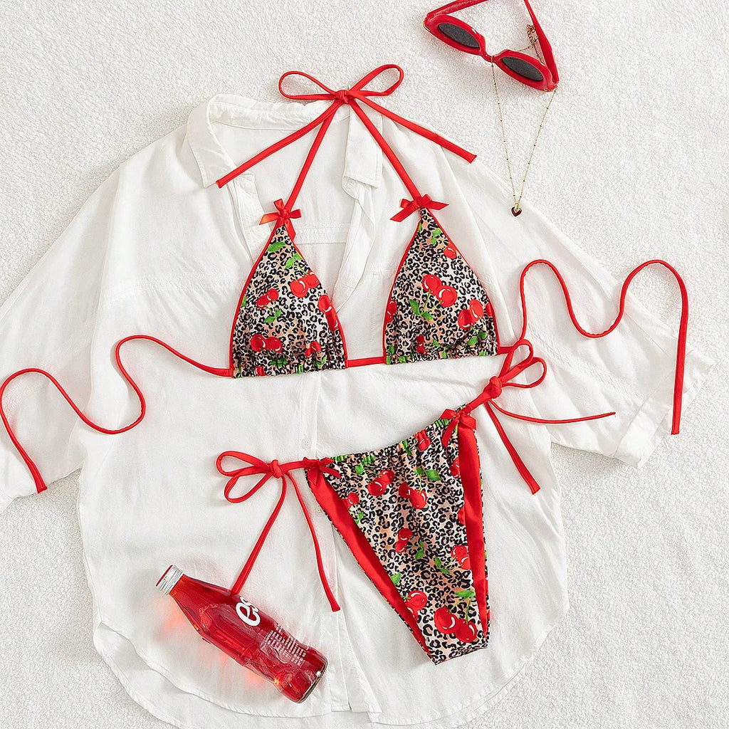Sexy Red Leopard Print Bikini Set Women Tie Strap Push Up Bra Bandage Triangle Swimsuit Beach Bathing Suit Holiday Swimwear 2026
