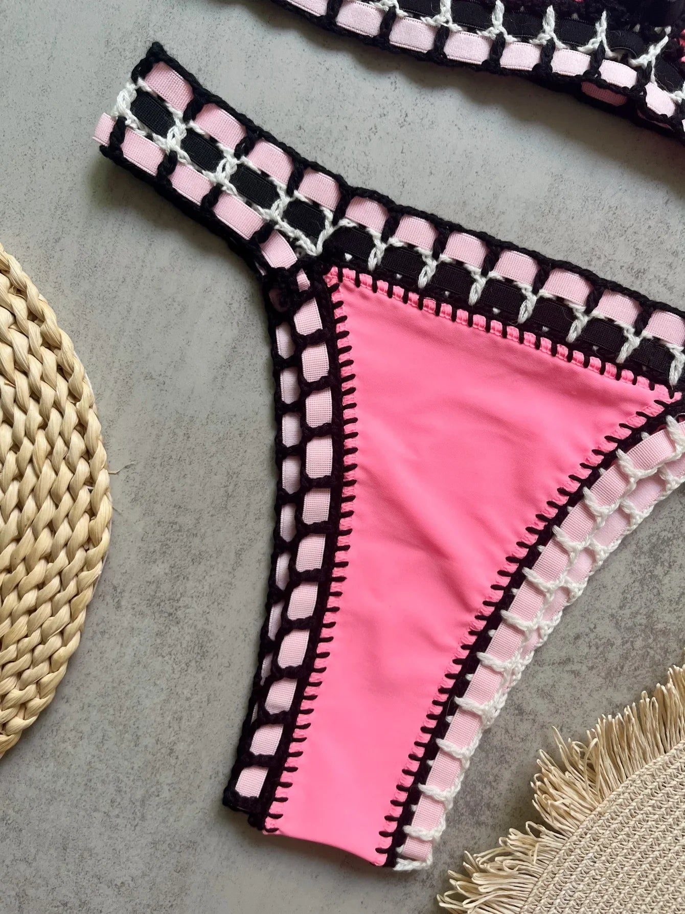 Sexy Black Patchwork Hand Crochet Bikini Set Women 2026 V Neck Push Up Bra Thong Swimsuit Beach Bathing Suit Knitted Swimwear