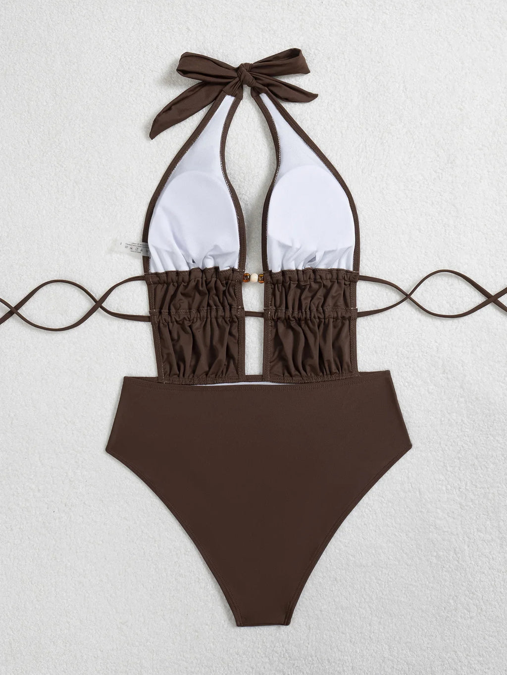 Sexy Brown Hollow Out Backless Swimwear Women 2026 Pearls Pleate Bandage One Piece Swimsuit Beach Bathing Suit Holiday Bikini