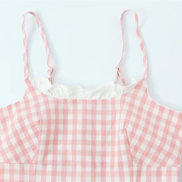 French Thin Style Sweet Plaid Camisole For Women With Lace Collar Slim Fit Semi Elastic Back Suitable For Seaside Vacations IHKJ