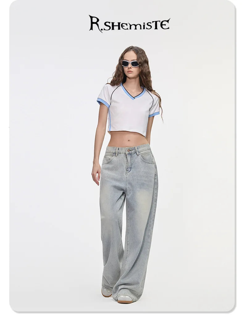 Hot girl top V-neck exposed navel contrasting color splicing clothes women's street short-sleeved T-shirt