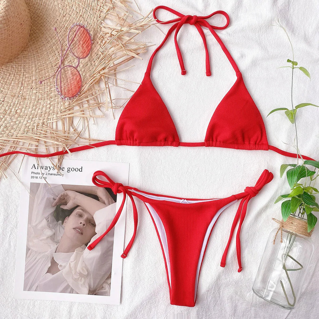 5 Colors Sexy Bikini Women Solid Swimwear Swimsuit Triangle Halter Pit Striped Bikinis Set Bathing Suit Female Banadores Mujer