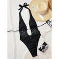 Lace Deep V Neck Halter Women Swimwear One Piece Swimsuit Female Monokini High Leg Cut Backless Bather Bathing Suit Swim V8264