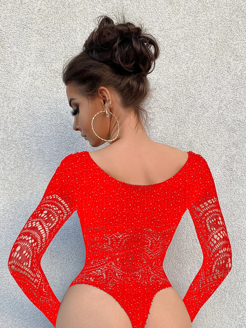 Toucheart Sexy Lingerie Long Sleeve Women's Jumpsuit Hollow Bikini One Piece Sexy Jacquard Solid Color Mesh See-through Bodysuit
