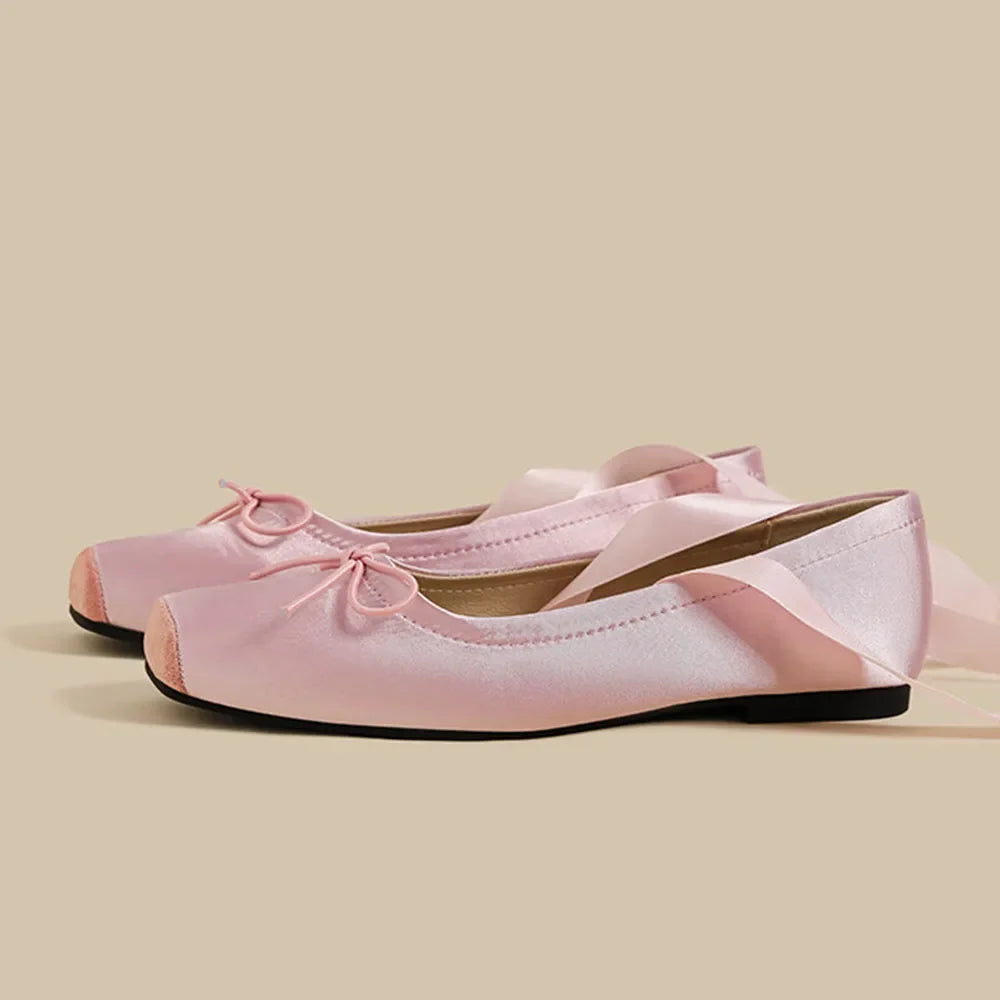 Balletcore Style Satin Lace-Up Flats for Women Black Ballerina Bow Detail Square Toe Ankle Wrap Ribbon Ballet Coquette Shoes