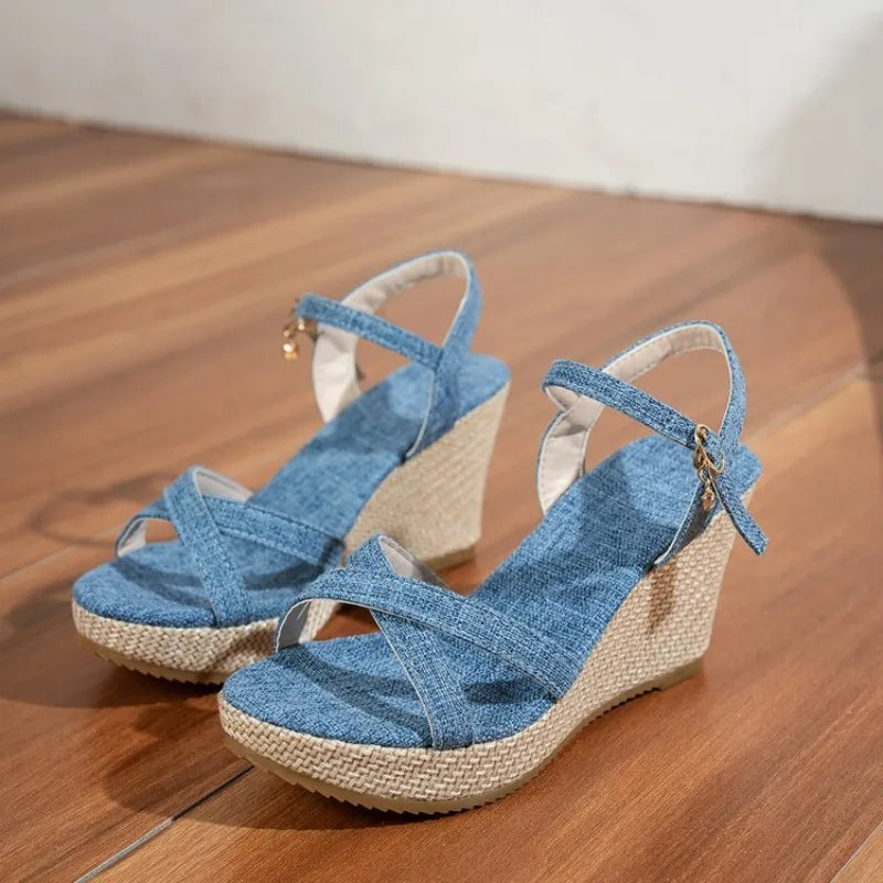 Summer Slope Heel Buckle Open Toe Wedge Ultra High Heel Women's Sandals 2026Fashion One Line Buckle Sandals Women Shoes  Heels