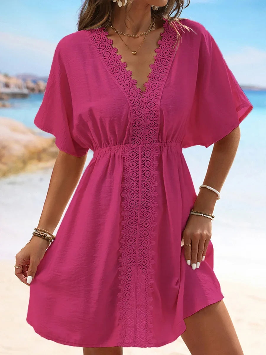 V Neck Lace Short Sleeve Tunic Beach Cover Up Cover-ups Beach Dress Beach Wear Beachwear Female Outfits Bathing kaftan for Women