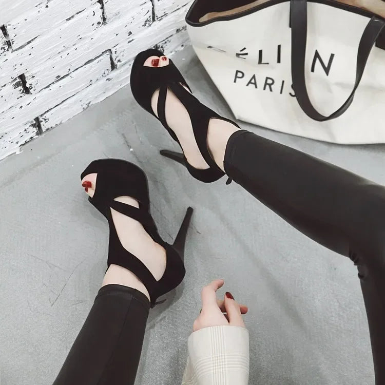 Summer New Pattern Europe and America Fashion Black Sexy Fine Heel Waterproof Fish Mouth High-heeled Women Sandals Size 34-43