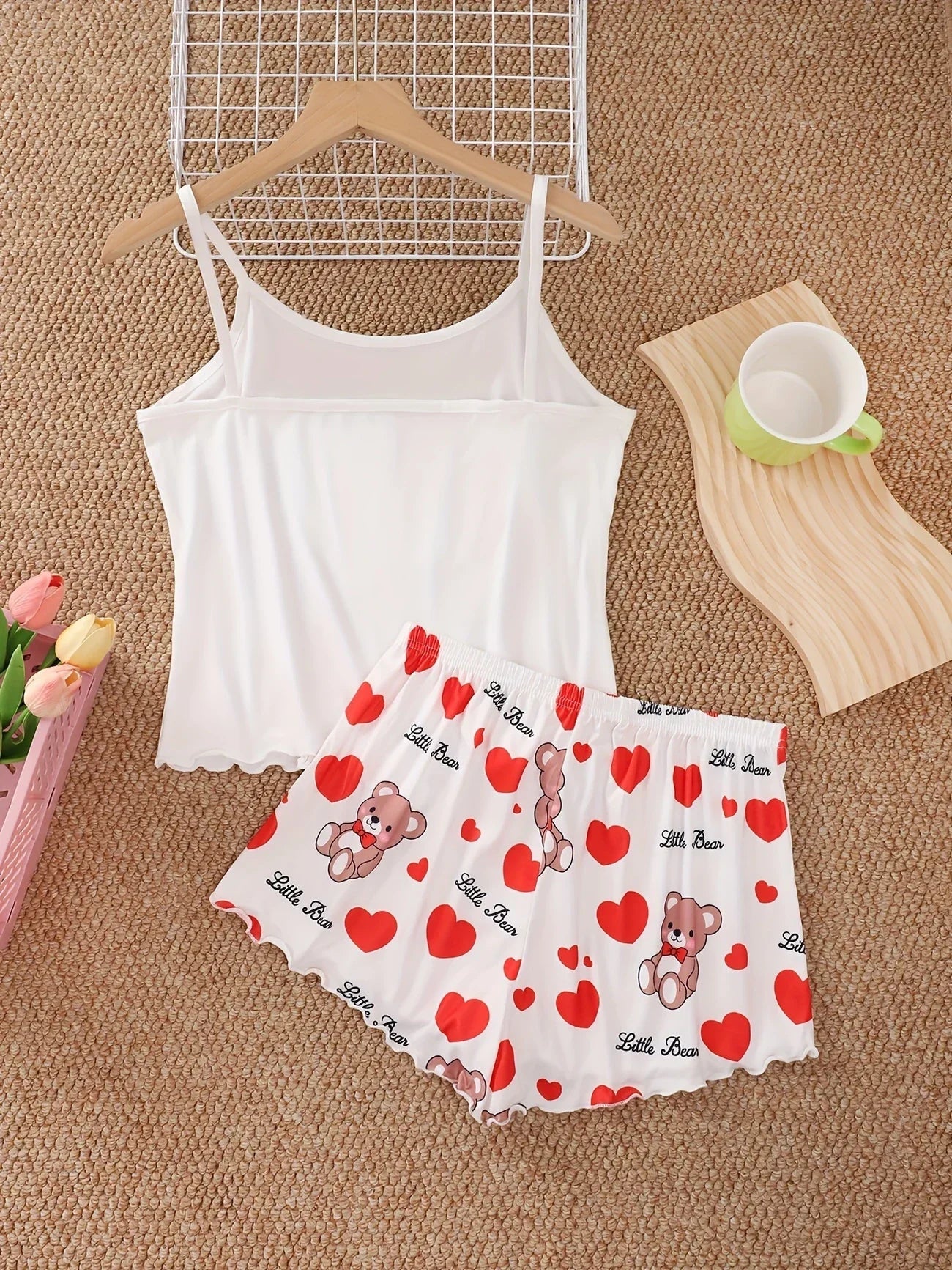 Cute Love Bear Printed Pajamas Set for Women's Sleepwear Loungewear Crop Tops and Shorts Home Wear Clothes