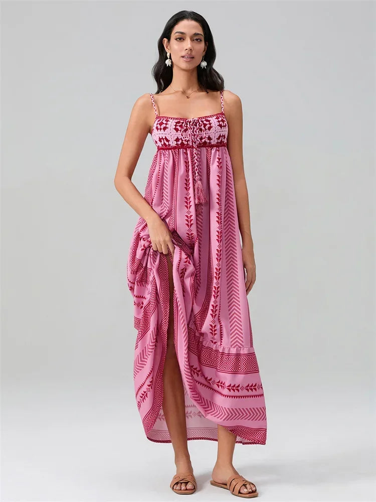 Women Summer Sleeveless Flowy Dress Geometric Print Knit Corset Ruffle A-line Long Dress Casual Party Bohemian Streetwear