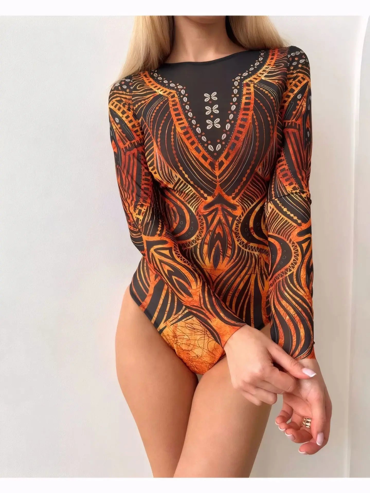 2025 Sexy Women's Retro Print Scoop Neck Padded Long Sleeve One Piece Swimsuits High Cut Bathing Suits Swimwear Bodysuit