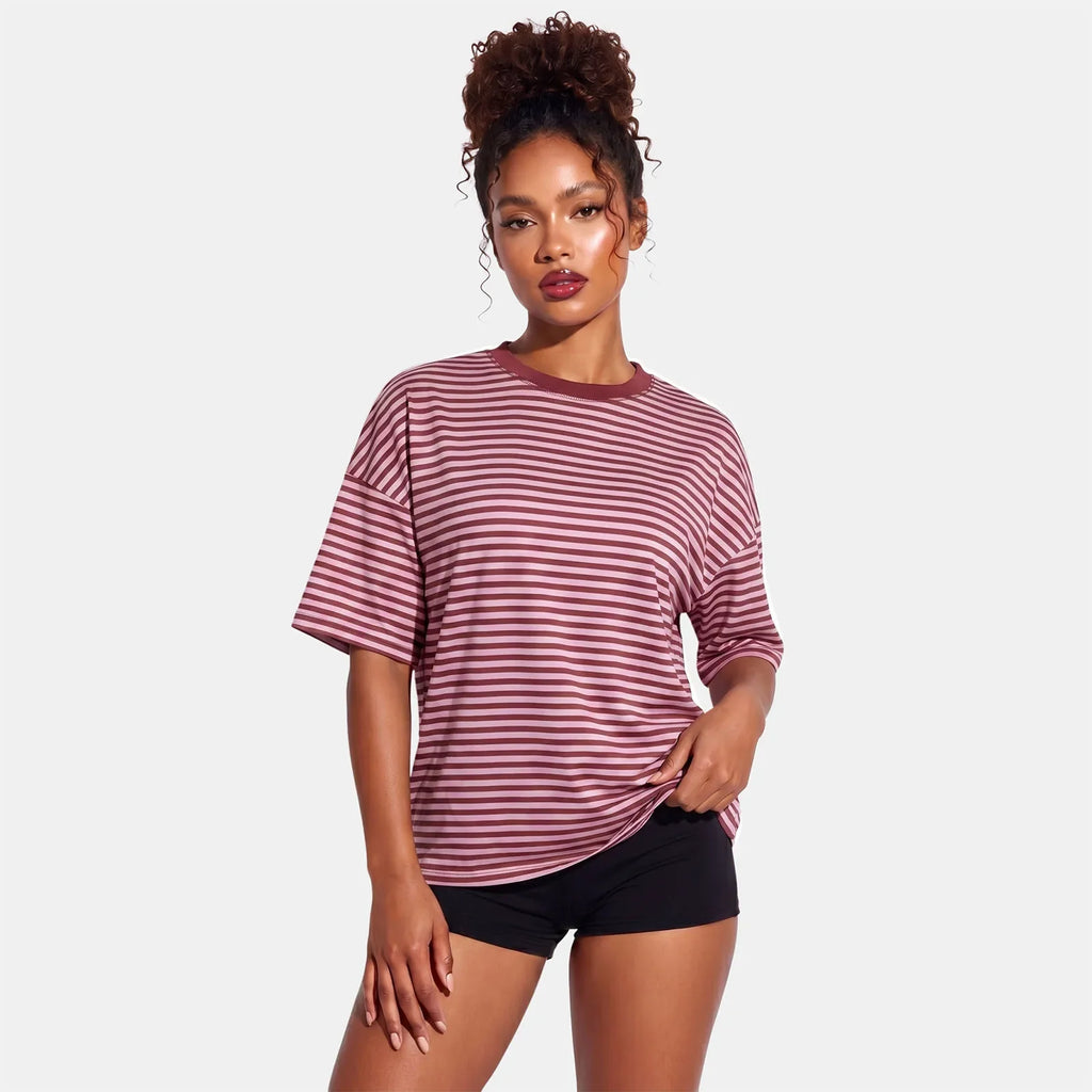 Summer Women's Loose T-shirt Casual Stylish Striped Crew Neck Short Sleeve Drop Shoulder Tee Tops