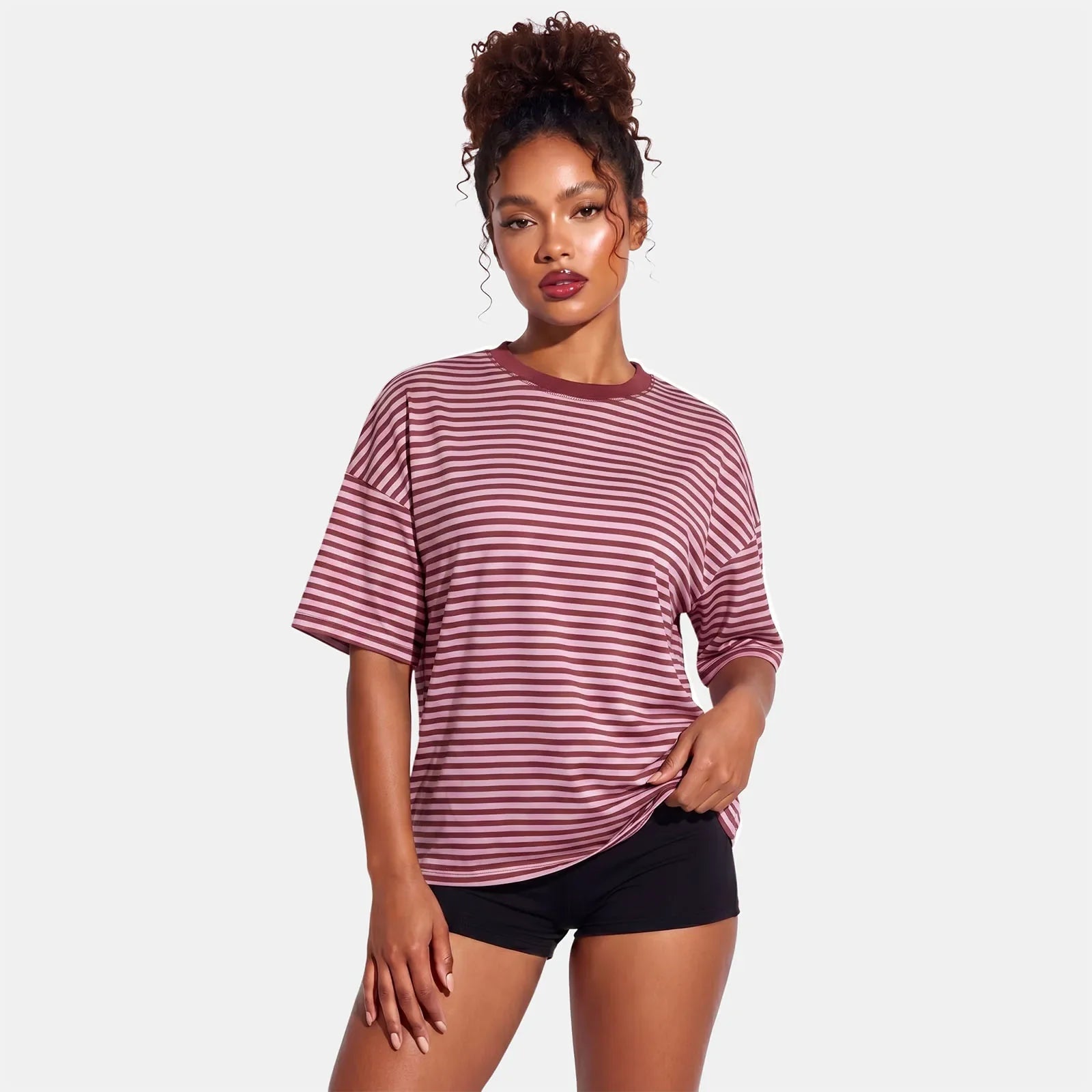 Summer Women's Loose T-shirt Casual Stylish Striped Crew Neck Short Sleeve Drop Shoulder Tee Tops