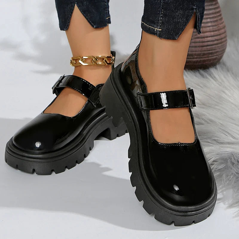 Patent Leather Thick Sole Mary Jane Shoes Women 2025 Ankle Buckle Platform Pumps Woman Round Toe High Heel Lolita Shoes Female