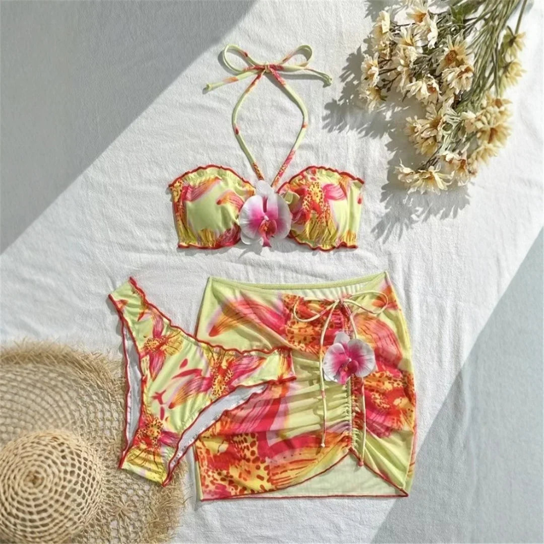 S - XL 3D Flowers With Skirt Halter Bikini Three-pieces Bikini set Female Swimsuit Bathing Suit Women Swimwear Bather Swim V7324