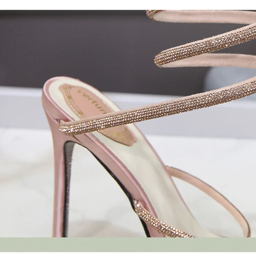 2026 Brand New Summer Sexy 10cm High Stiletto Heels Sandals for Women Wedding Rhinestones Ankle Wrap Party Shoes Big Size 42