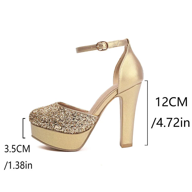 Sequins Glitter Closed Toe Bling Bling Sparkle Women Summer Block High Heels for Evening Dress Platform Sexy Gold Silver Sandals
