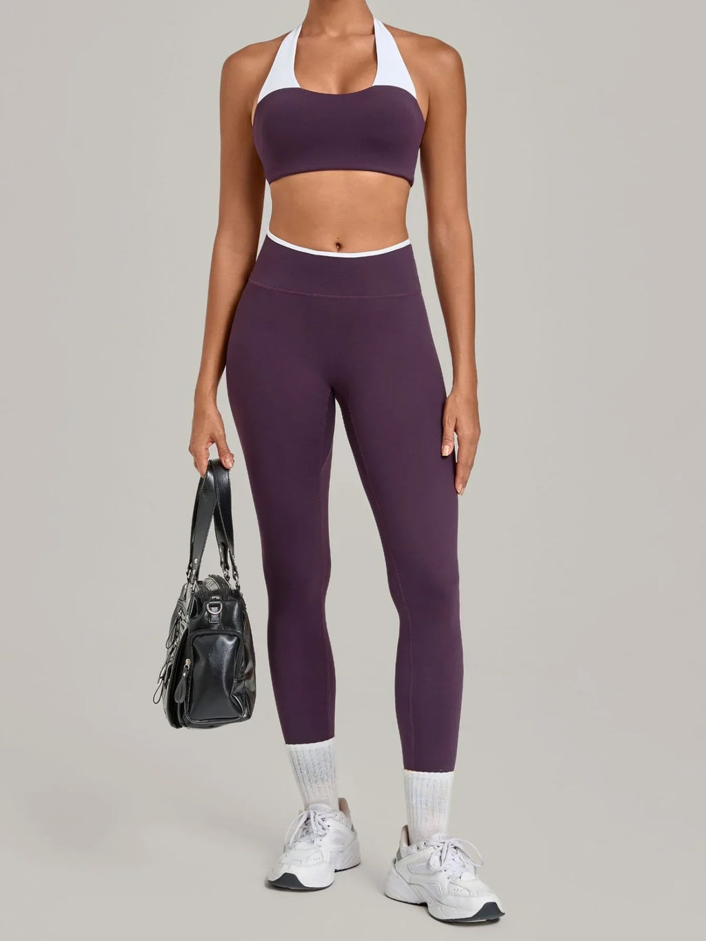 2 Pieces Color-block Yoga Sets Women  Hanging Neck Sports Bra High Waist Pants Built-in Pockets Outdoor Fitness Workout Suit