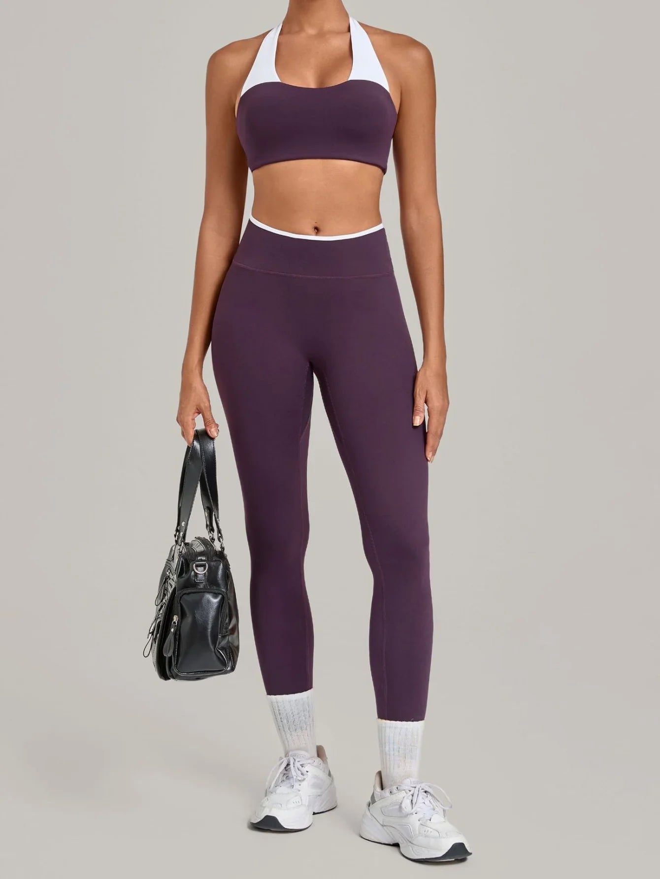 2 Pieces Color-block Yoga Sets Women  Hanging Neck Sports Bra High Waist Pants Built-in Pockets Outdoor Fitness Workout Suit