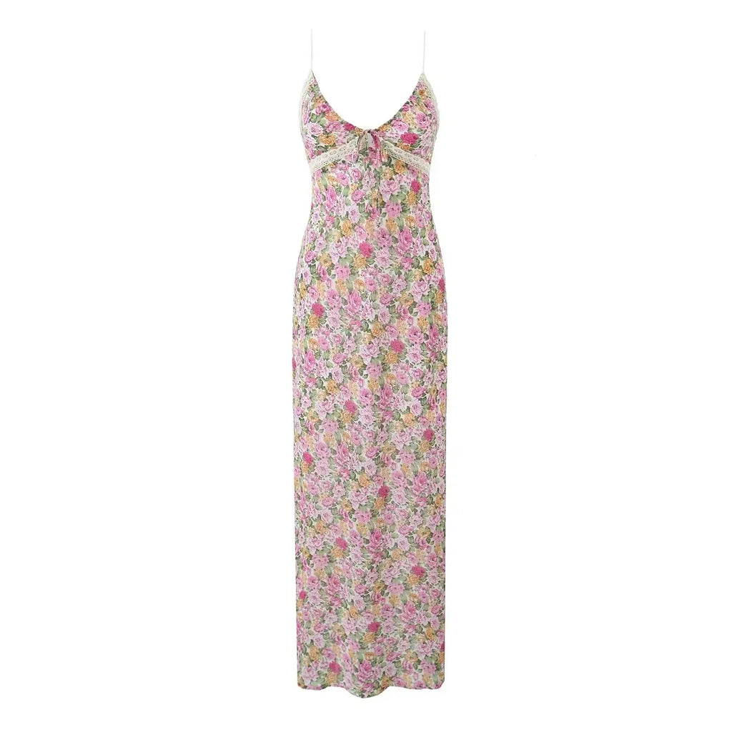 Lace Decoration Pink Floral Maxi Long Sundress Women's Dress 2025 Spaghetti Strap V Neck Smocked Boho Straight Boho Dress
