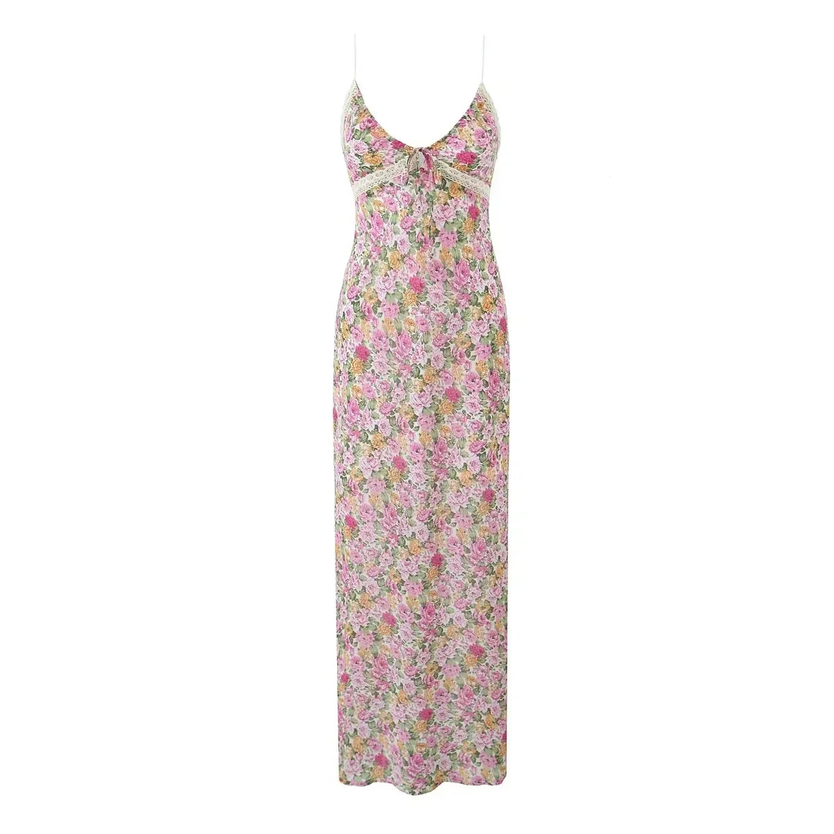 Lace Decoration Pink Floral Maxi Long Sundress Women's Dress 2025 Spaghetti Strap V Neck Smocked Boho Straight Boho Dress