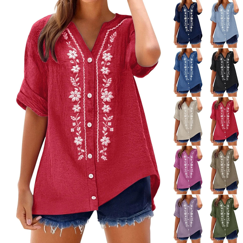 Womens V Neck Embroidered Linen Tunic Shirt Roll Up Sleeve Button Down Loose Fit Casual Boho Blouse Vintage Summer Beach Shirts
