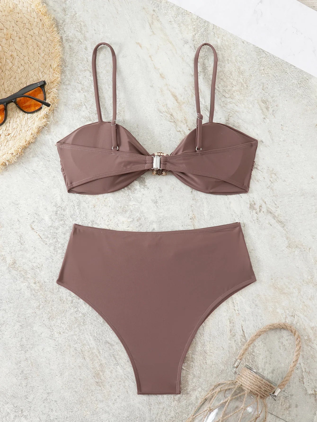 Strappy High Waist Bikinis 2026 Women Sexy Shell Swimsuit Solid Padded Swimwear Female Bathers Bathing Swimming Swim Suit
