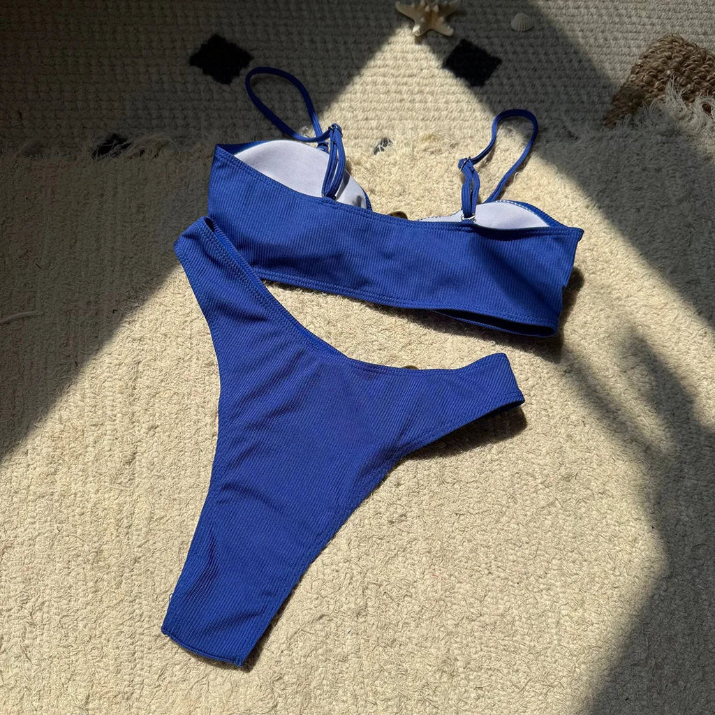 New Sexy Ribbed Brazilian Bikini Padded Bathing Suit Bather Swim Female Swimsuit Two-Pieces Bikini Set Women Swimwear V6343R
