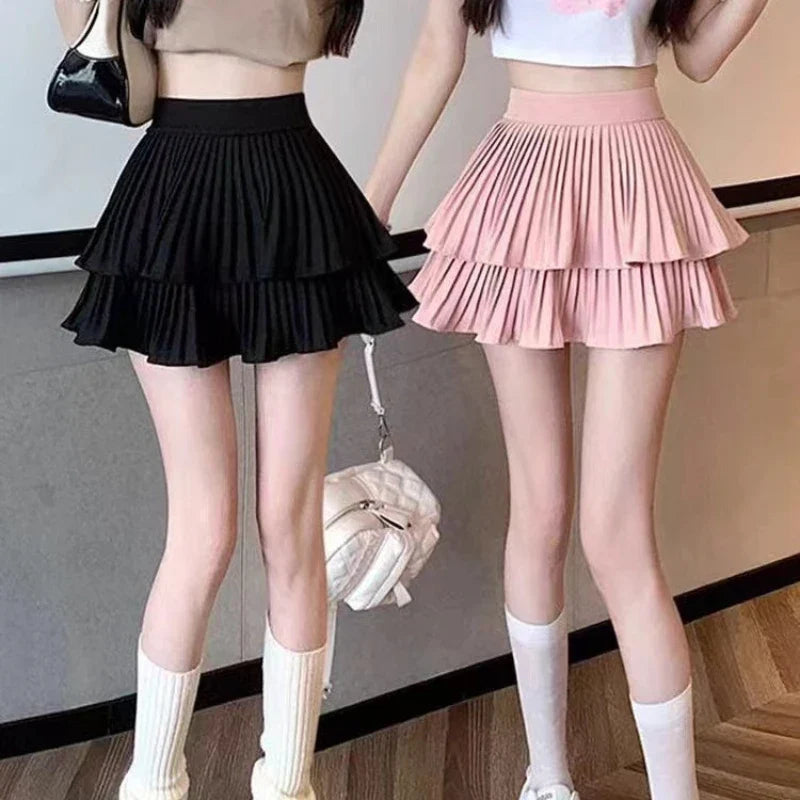 Double-layered Solid Colour High Waist A-line Hundred Mini Cake Skirt Including Safety Trousers Anti-glare Bustier Pleated Skirt