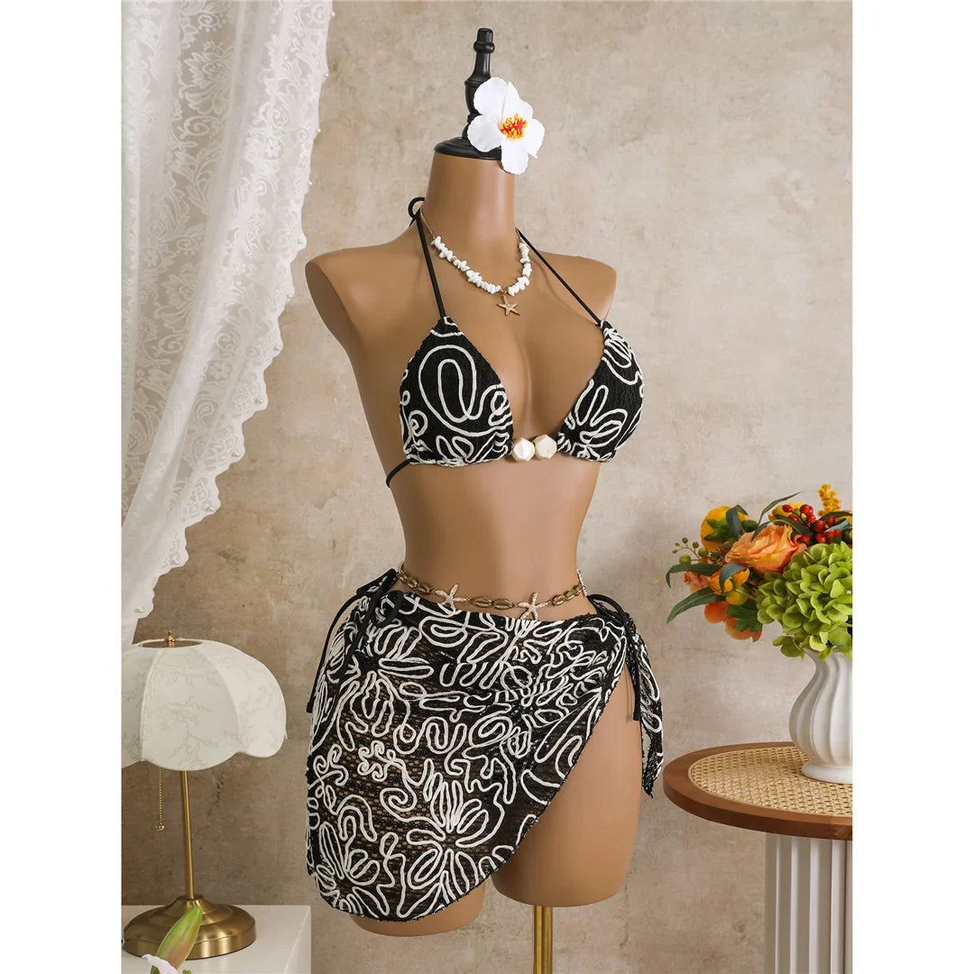 With Sarong Halter Printed Bikini Women Swimwear Female Swimsuit Padded Bather Bathing Suit Swim Three-pieces Bikini set K8073