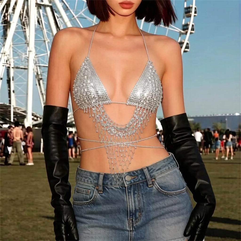 Women's Sparkle Rhinestones Halter Tops Stylish Glittering Mesh Crop Tank Tops with Tassel Bodice Nightclub Rave Costume